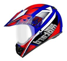 Capacete Moto Esportivo Ebf Super Motard Action C/ Viseira Motocross Trilha Azul Vermelho Lançamento