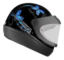 Capacete Moto Feminino Automático Ebf Borboleta Preto Azul C/ Viseira Automática C/ Selo Inmetro