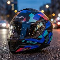 Capacete moto ls2 stream ii ff808 mika preto azul fosco com oculos solar interno