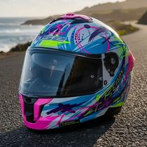 Capacete moto ls2 stream ii ff808 scratches matte branco roxo rosa com oculos solar