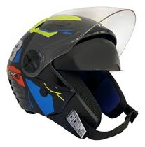Capacete Moto X Open Up 43 Fox Amarelo com Azul Tamanho 56 Viseira Espessura 2mm FW3 Óculos Interno Fumê