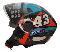 Capacete Moto X Open Up 43 Fox Azul com Vermelho Tamanho 60 Viseira Espessura 2mm FW3 Óculos Interno Fumê