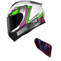 Capacete Race Tech Hit Android Branco Verde e Rosa Mais Viseira Camaleão Vermelha Capacete Race Tech Hit Android Branco Verde e Rosa Mais Viseira Camaleão Vermelha