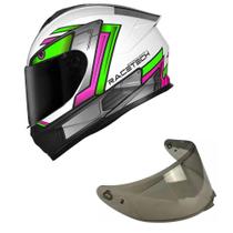 Capacete Race Tech Hit Android Branco Verde e Rosa Mais Viseira Fumê Cor:Branco+RosaTamanho:58Gênero:Feminino
