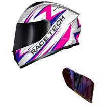 Capacete Race Tech Hit Fuzzy Branco e Rosa Mais Viseira Camaleão Vermelha Tamanho:60 Capacete Race Tech Hit Fuzzy Branco e Rosa Mais Viseira Camaleão Vermelha Tamanho:60