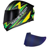 Capacete Race Tech Hit Fuzzy Preto Verde e Amarelo Mais Viseira Azul Tamanho:60