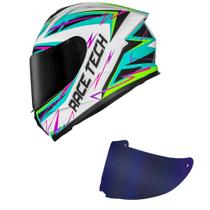 Capacete Race Tech Hit Spark Branco e Verde Mais Viseira Azul Tamanho:56