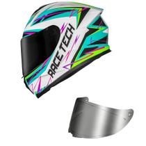 Capacete Race Tech Hit Spark Branco e Verde Mais Viseira Prata Tamanho:58