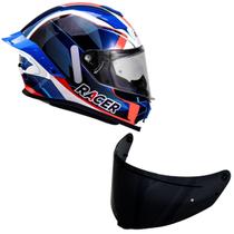 Capacete Racer1 Rc1 Icone Azul Branco Vermelho Mais Viseira Rc1 Fume