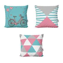 Capas de Almofadas Rosa e Azul Decorativas e Geométricas Bike In Love Para Sofá 40x40 - Novadecora
