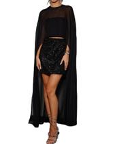 Cape Aonoall em chiffon transparente com bainha alta e baixa para mulheres, preta