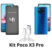 Capinha Anti Choque + Película Vidro 3D Privacidade + Cabo USB Tipo C para Xiaomi Poco X3 Pro