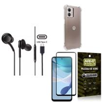 Capinha Moto G53 + Fone de Ouvido Intra Auricular Preto + Película 3D