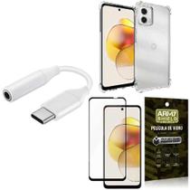 Capinha Moto G73 + Adaptador Tipo C X Fone P2 + Película 3D