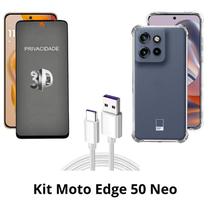 Capinha + Película 3D Privacidade de Vidro + Cabo USB Tipo C para Moto Edge 50 Neo