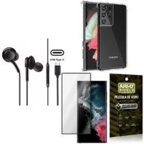 Capinha Samsung S22 Ultra + Fone de Ouvido Intra Auricular Preto + Película 3D