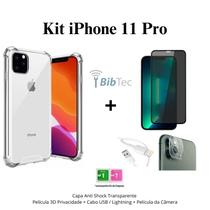 Capinha Transparente + Película 3D Privacidade + Película Câmera + Cabo IOS/USB para Iphone 11 Pro