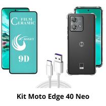 Capinha Transparente + Película de Cerâmica + Cabo USB Tipo C para Moto Edge 40 Neo