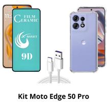 Capinha Transparente + Película de Cerâmica + Cabo USB Tipo C para Moto Edge 50 Pro