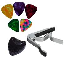 Capotraste Pestana Braçadeira Violão Guitarra Ukulele NV/PRT+ Porta Palhetas+ 5 Palhetas