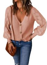 Cardigã Astylish feminino com frente aberta, manga lanterna, tricotado rosa
