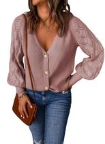 Cardigã Astylish feminino com frente aberta, manga lanterna, tricotado rosa