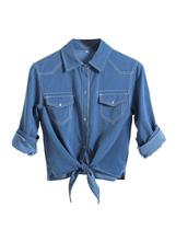 Cardigã Crop Top Omoone, jeans feminino, manga 3/4, azul, tamanho L Cardigã Crop Top Omoone, jeans feminino, manga 3/4, azul, tamanho L