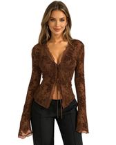 Cardigã Crop Top ZGMYC Floral Flocking Sheer Mesh para mulher Cardigã Crop Top ZGMYC Floral Flocking Sheer Mesh para mulher