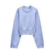 Cardigã Curto Feminino De Tricô Com Gola Redonda E Bainha Canelada Ultra-Larga De Manga Longa