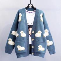 Cardigã Feminino Azul De Lã Com Estampa De Ovelha, Gola V, Manga Longa, Tricô Grosso, Ajuste Solto,