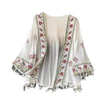 Cardigã Feminino Boêmio De Chiffon Com Bordado E Franjas, Blusa Curta Slim Estilo Férias Para O