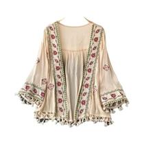 Cardigã Feminino Boêmio De Chiffon Com Bordado E Franjas, Blusa Curta Slim Estilo Férias Para O