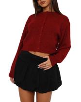 Cardigã feminino casual de malha curta Yoawdats com frente aberta (clarete)