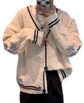 Cardigã feminino CEINOM com bordado de estrelas, decote em V, bege, GG Cardigã feminino CEINOM com bordado de estrelas, decote em V, bege, GG