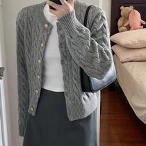 Cardigã Feminino Cinza De Manga Longa 2024, Suéter Tricotado Vintage Com Decote Redondo, Moda Cardigã Feminino Cinza De Manga Longa 2024, Suéter Tricotado Vintage Com Decote Redondo, Moda