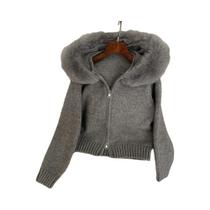 Cardigã Feminino Com Capuz E Gola De Pele De Raposa Natural, Casaco De Pele Natural, Jaqueta Curta Cardigã Feminino Com Capuz E Gola De Pele De Raposa Natural, Casaco De Pele Natural, Jaqueta Curta