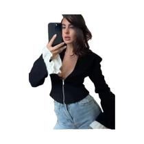 Cardigã Feminino Com Decote Em V E Zíper, Camiseta Com Patchwork Em Malha, Manga Longa, Casual E Cardigã Feminino Com Decote Em V E Zíper, Camiseta Com Patchwork Em Malha, Manga Longa, Casual E
