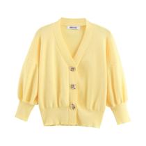 Cardigã Feminino Com Decote Em V, Manga Média, Decoração Com Botões De Flor, Casaco Casual De Malha Cardigã Feminino Com Decote Em V, Manga Média, Decoração Com Botões De Flor, Casaco Casual De Malha