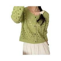 Cardigã Feminino De Manga Comprida Em Crochê, Transparente, Com Botões, Vazado, Em Tricô, Estilo