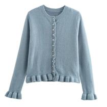 Cardigã Feminino De Manga Longa Com Babados, Tricô, Bolero De Outono, Suéter Azul Acinzentado Com Cardigã Feminino De Manga Longa Com Babados, Tricô, Bolero De Outono, Suéter Azul Acinzentado Com