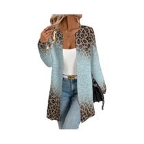 Cardigã Feminino De Manga Longa Com Estampa De Leopardo Em Gradiente Azul, Casual Para Uso Diário E Cardigã Feminino De Manga Longa Com Estampa De Leopardo Em Gradiente Azul, Casual Para Uso Diário E