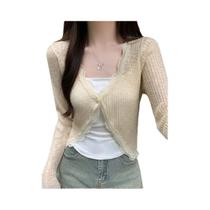 Cardigã Feminino De Tricô Canelado Com Renda E Um Botão, Manga Longa, Cropped, Estilo Fairycore De