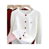 Cardigã Feminino De Tricô Com Bordado De Laço, Gola Redonda, Botões De Coração, Estilo Coreano