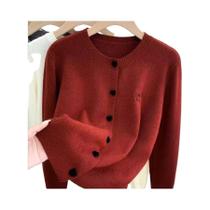 Cardigã Feminino De Tricô Com Bordado De Laço, Gola Redonda, Botões De Coração, Estilo Coreano Cardigã Feminino De Tricô Com Bordado De Laço, Gola Redonda, Botões De Coração, Estilo Coreano