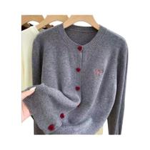 Cardigã Feminino De Tricô Com Bordado De Laço, Gola Redonda, Botões Em Formato De Coração, Estilo