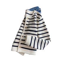 Cardigã Feminino De Tricô Com Listras, Gola O, Manga Longa, Cropped, Casual Chique Para Primavera E Cardigã Feminino De Tricô Com Listras, Gola O, Manga Longa, Cropped, Casual Chique Para Primavera E