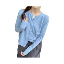 Cardigã Feminino De Tricô Liso Com Manga Longa E Gola Redonda Estilo Coreano