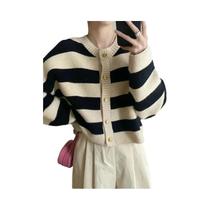 Cardigã Feminino De Tricô Listrado Estilo Coreano Manga Longa Solto Curto Casual Outono Inverno