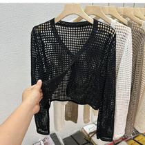 Cardigã Feminino de Verão - Manga Comprida, Malha Oca em Seda Gelada com Xale Cardigã Feminino de Verão - Manga Comprida, Malha Oca em Seda Gelada com Xale