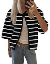 Cardigã feminino LOMON, primavera, verão, manga curta, tricotado, preto, branco, listrado